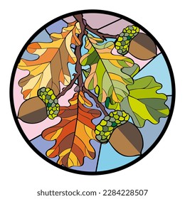 Decorative stained glass window made of oak leaves in the style of application, batik, element of decor, design, postcards, poster, wallpaper, postcard, textile, fabric, wrapper, packaging