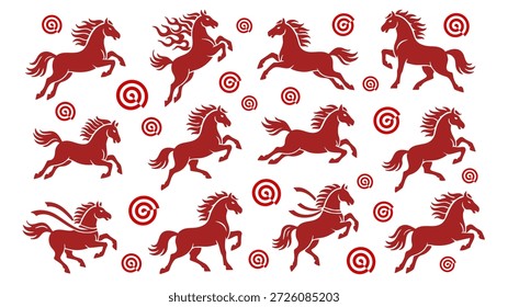 Silhuetas de garanhão decorativo com padrões de redemoinho para tema de arte equestre e cultural