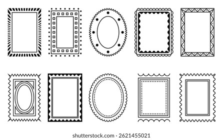 Decorative stamp border frames set vintage style vector outline collection for greeting cards, wedding and birthday party. Hand drawn ornament borders for social media decoration template.