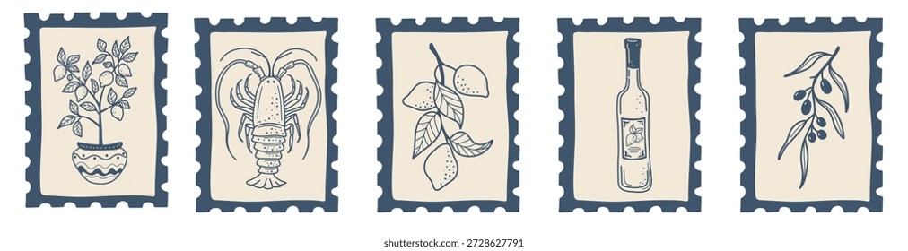 Decorative stamp collection inspired by Italian coastal cuisine and lifestyle. Works well for branding, menus and packaging.