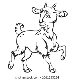 Decorative standing funny cartoon goat kid. Monochrome vector illustration in black color isolated on white background.  