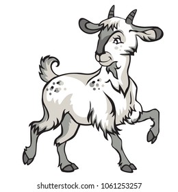 Decorative standing funny cartoon goat kid. Colorful vector illustration in black, white and grey colors isolated on white background.  