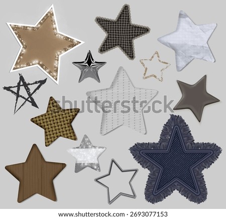 Decorative star collage collection with metallic and notebook paper, woven and blue denim fabric, textured patterns with glitter for modern design. Silver chrome elements and wicker surfaces.