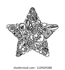 Decorative Star Symbol from Sea Pebbles with Ornaments. Detailed Pebble-stones Set, Beetles, Flowers, Acorn, Dragonfly. Boho Style Mosaic Pattern, Ethnic Motifs. Vector Contour Illustration