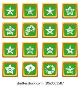 Decorative stars icons set vector green square isolated on white background 
