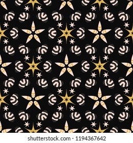 Decorative Stars Ornamental Seamless Vector Pattern. Drawn Gold Starry llustration for Winter Fashion Prints, Christmas Packaging, Magical Paper Goods, Nordic Wrap or Stationery. Black Mustard Yellow