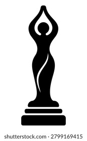 Decorative statuette black silhouette icon isolated on white background. Minimal bold vector-style illustration of an abstract female figure sculpture with raised arms and pedestal base for home decor, interior design, sticker, decal, logo, label, and cutting file design.