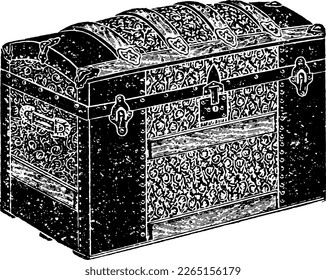 Decorative Steamer Trunk Travel Luggage Vintage Engraving Isolated. Illustration of an antique steamer trunk drawn in a vintage engraving style.