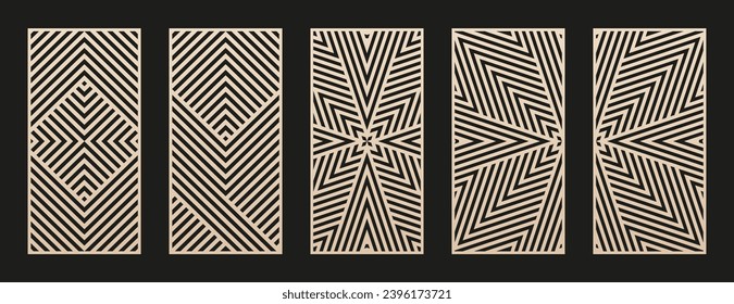 Decorative stencil for laser, CNC cut. Set of vector abstract geometric patterns with lines, stripes, lattice, linear grid. Modern template for cutting of wood, metal, plastic, paper. Aspect ratio 1:2