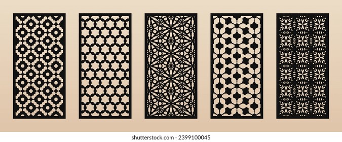 Decorative stencil for laser, CNC cut. Set of vector abstract geometric patterns with lattice, floral grid, arabesque motifs. Modern template for cutting of wood, metal, plastic. Aspect ratio 1:2