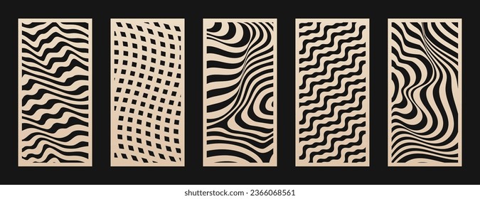 Decorative stencil for laser cut, CNC cutting. Set of vector abstract patterns with wavy lines, flow shapes, optical illusion. Modern template for cutting of wood, metal, paper. Aspect ratio 1:2