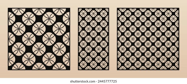 Decorative stencil set for laser cut. Vector panels with abstract geometric pattern, curved lines, circles. Modern minimal ornaments. Template for cnc cutting of wood, metal. Aspect ratio 1:2, 1:1
