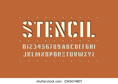 Decorative stencil-plate sans serif font. Bold face. Letters and numbers for logo and emblem design