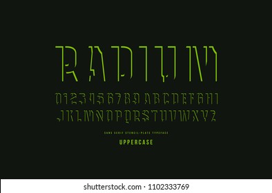 Decorative stencil-plate sans serif font. Letters and numbers for logo and title design. Green print on black background