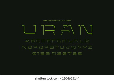 Decorative stencil-plate sans serif font. Letters and numbers for logo and title design. Green print on black background