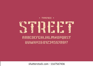 Decorative stencil-plate sans serif font in retro style. Letters and numbers with vintage texture for military, urban logo and emblem design