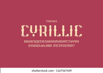 Decorative stencil-plate sans serif font in retro style. Cyrillic letters and numbers with vintage texture for military, urban logo and emblem design. Color print on red background
