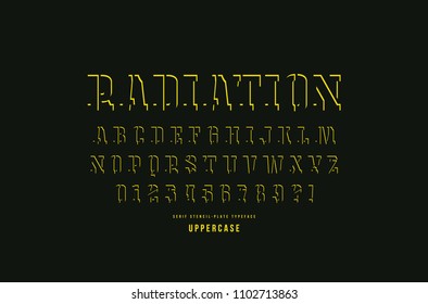 Decorative stencil-plate serif font. Letters and numbers for logo and title design. Yellow print on black background