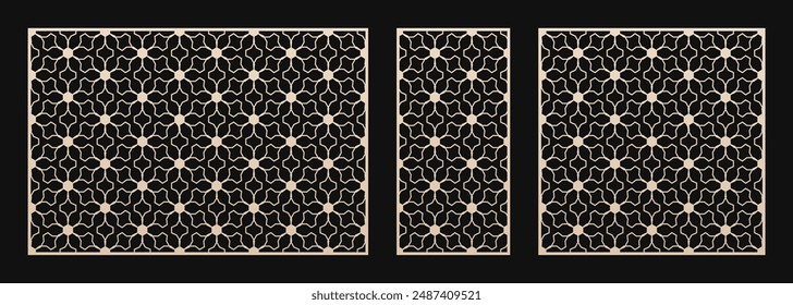 Decorative stencils for laser cut, CNC cutting. Vector panels with abstract geometric pattern, mesh, lattice, floral grid, lines. Islamic and arabian style ornaments. Aspect ratio 3:2, 1:2, 1:1 