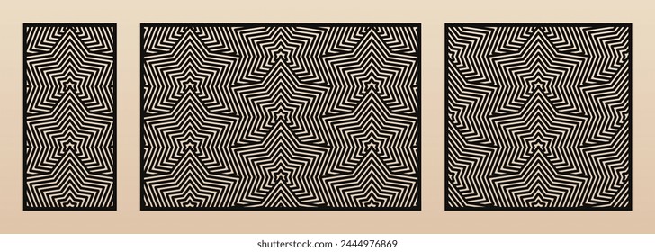 Decorative stencils for laser cut. Vector panels with abstract geometric pattern, stars, grid line. Oriental style ornaments. Template for cnc cutting of wood, metal. Aspect ratio  1:2, 3:2, 1:1