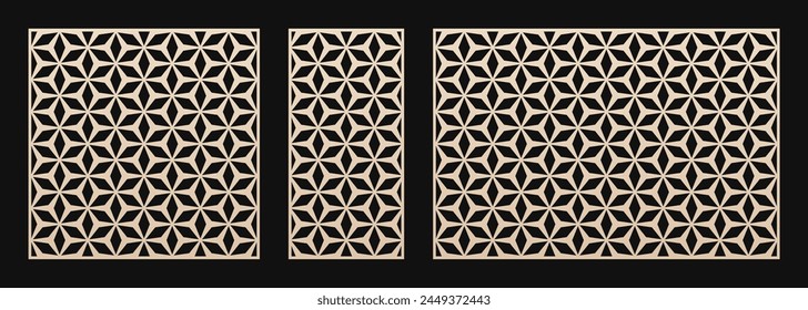 Dekorative Schablonen für Laserschnitt. Vektorgrafiken mit abstrakten geometrischen Mustern, Gitter, Gitter, Blumenraster, Sterne. Ornamente im arabischen Stil. Vorlage zum CNC-Schneiden. Seitenverhältnis 1:1, 1:2, 3:2