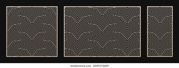 Decorative stencils for laser cut. Vector panels with abstract geometric pattern, stars, grid, thin lines. Minimal ornaments. Template for cnc cutting of wood, metal. Aspect ratio 1:1, 3:2, 1:2