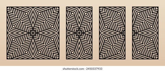 Esténciles decorativos para corte láser. Paneles de Vector con patrón geométrico abstracto, líneas peculiares, rayas. Adornos modernos de estilo oriental. Plantilla para corte cnc de madera, metal. Relación de aspecto 1:1, 1:2