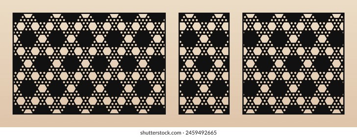 Decorative stencils for laser cut. Vector panels set with abstract geometric pattern, hexagonal lattice, grid. Modern ornament. Template for cnc cutting of wood, metal. Aspect ratio 3:2, 1:2, 1:1