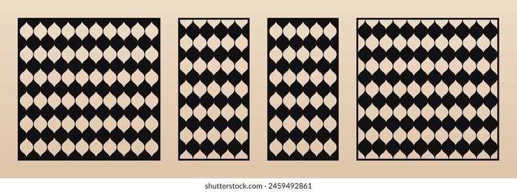 Decorative stencils for laser cut. Vector panels set with abstract geometric pattern, mesh, lattice, grid, leaves. Groovy style checkered ornament. Template for cnc cutting. Aspect ratio 1:1, 1:2