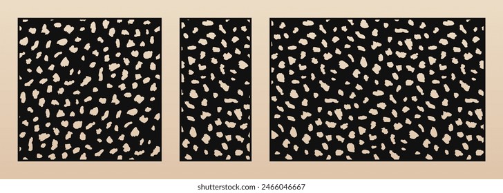 Decorative stencils for laser cut. Vector panels set with leopard skin texture, abstract pattern, chaotic spots. Trendy ornament. Template for cnc cutting of wood, paper. Aspect ratio 1:1, 1:2, 3:2