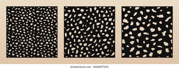 Decorative stencils for laser cutting. Vector panels set with leopard skin texture, abstract pattern, spots. Trendy ornament. Template for cnc cut of wood, metal, paper, plywood. Aspect ratio 1:1