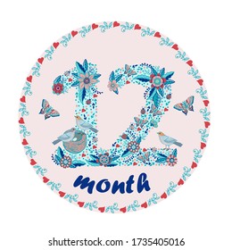 Decorative sticker to the 12 month baby.  The figure is 12 months. Sticker for a beautiful photo of your baby as a keepsake. Flowers, birds, nest, butterflies and ladybugs.