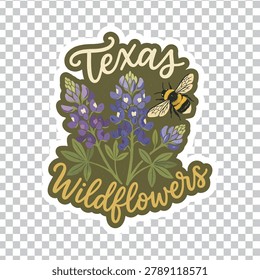 A decorative sticker design featuring vibrant bluebonnet flowers and a bumblebee, with the text Texas Wildflowers in a stylish, hand-lettered script font.