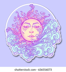 Decorative sticker. Fairytale style sun with a human face resting on a curly ornate cloud. Decorative element for tattoo textile prints or greeting card design. EPS10 vector illustration