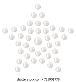 Decorative sticker of five-pointed star made of 3D shiny natural White Pearl. Mosaic dotted shape isolated on white background. Can be used as applique for textile. Vector Illustration. 