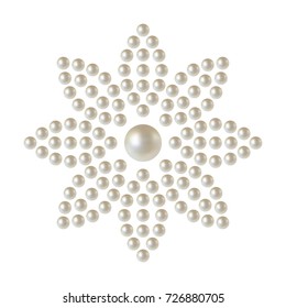 Decorative sticker of flower made of 3D shiny natural White Pearl. Mosaic dotted shape isolated on white background. Can be used as applique for textile. Vector Illustration.