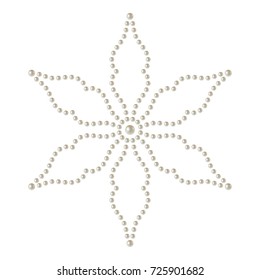 Decorative sticker of flower shape made of 3D shiny natural White Pearl. Mosaic dotted shape isolated on white background. Can be used as applique for textile. Vector Illustration.