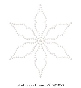 Decorative sticker of  flower shape made of 3D shiny natural White Pearl. Mosaic dotted shape isolated on white background. Can be used as applique for textile. Vector Illustration.