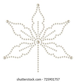 Decorative sticker of leaf made of 3D shiny natural White Pearl. Mosaic dotted shape isolated on white background. Can be used as applique for textile. Vector Illustration.