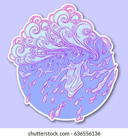 Decorative sticker. Retro style curly decorative cloud with rain drops. Decorative element for tattoo textile prints or greeting card design. EPS10 vector illustration