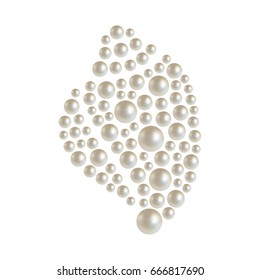 Decorative sticker of seashell made of 3D shiny natural White Pearl. Mosaic shell shape isolated on white background. Sea life theme. Can be used as applique for textile. Vector Illustration. 