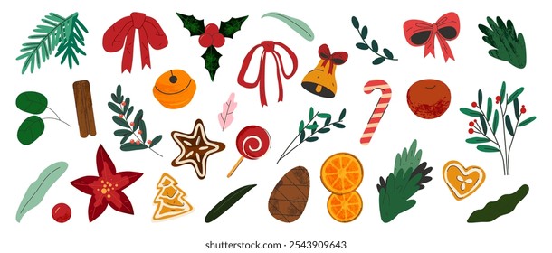 Decorative stickers for home decor on Christmas holidays. Vector icons or clip art set. Coniferous branches, cones, twigs with berries, sweets and dried fruits, bows. Elements for New year needlework.