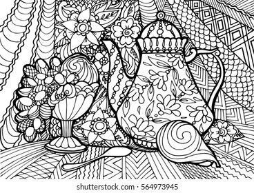 Decorative still life with tea and fruit. Doodle. Coloring for adults. Design cafes and restaurants