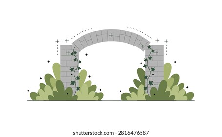 Decorative stone archway nestled between dense green bushes and climbing ivy on a minimalist wall.