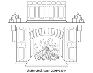 Chimenea decorativa de piedra con velas en la repisa de la chimenea - imagen vectorial lineal para colorear. Esquema. El fuego se quema en la chimenea - elemento para un libro de colores. Madera de leña en llamas