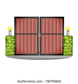 Decorative stone and metal fences. Exterior, appearance, design of gates and surrounding area. Lawn next to fence and lantern, landscape. Outdoor fence architecture elements. Vector illustration.