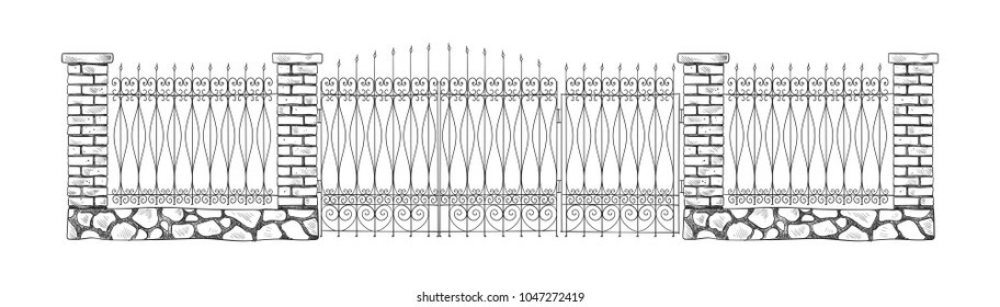 Decorative stone and metal fences. Vector illustration