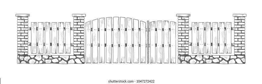 Decorative stone and wooden fences. Vector illustration