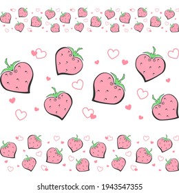 Decorative strawberries and small hearts on a white. Seamless horizontal border for packaging, wrapper, flyer, border tape for confectionery products, printing on fabric, textile, tape, ribbon or menu