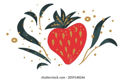 Decorative strawberry with green leaves and gold dots. Flat vector hand drawn cartoon doodle style simple sketch moden trendy illustration